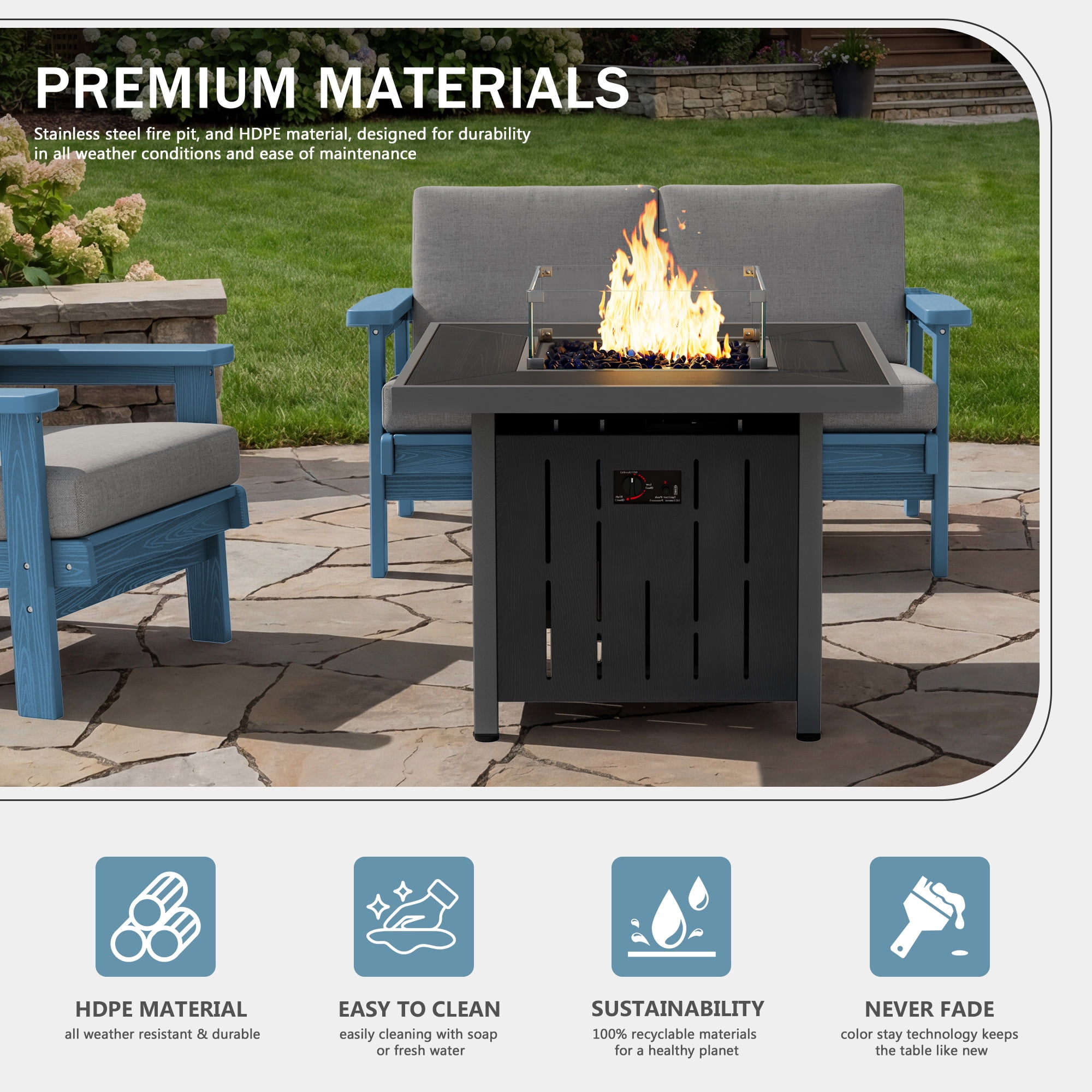 SERWALL Propane Fire Pit Table, 33 Inch Square Outdoor Fire Table with Lid, 50,000 BTU Gas Fire Pit Table with Glass Wind Guard, HDPE Fireplace for Patio, Black