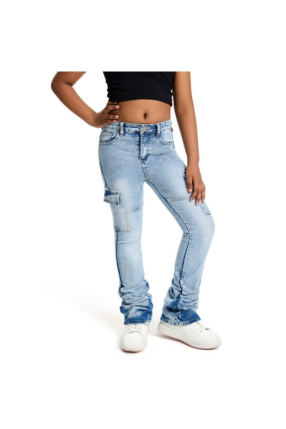 Girls Boys Cargo Jeans Pants Stretch Slim Fit Button Denim Work Flare Pants Trousers With Pockets Boys Classic Riding Pants,Sky Blue,9-10 Years