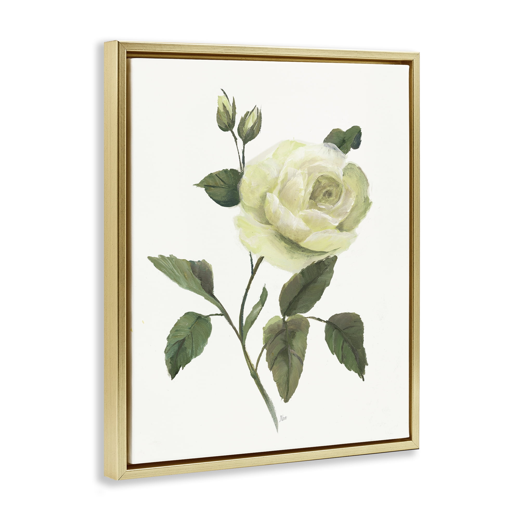 Stupell Industries Cream Garden Rose with Buds Gold Framed Floater Canvas Wall Art, design by Nan