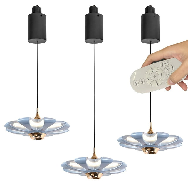 FSLiving Adjustable Height Track Pendnat Light H-Type Retractable Lift Track Pendnat Light by Remote Control with Stepless Dimming Flower Lamp for Kitchen Island Restaurant Dining Room,Blue - Set of 3