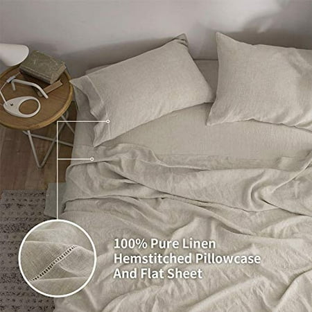 Simple Once Pure Washed Linen Sheets King Size 4 Piece European Flax Bed Sheet 1 Flat Fitted 2 Pillowcases Breathable Soft Hemstitched Bedding Natural Canada European Flax Linen Bed Sheet, European King Bed Sheets