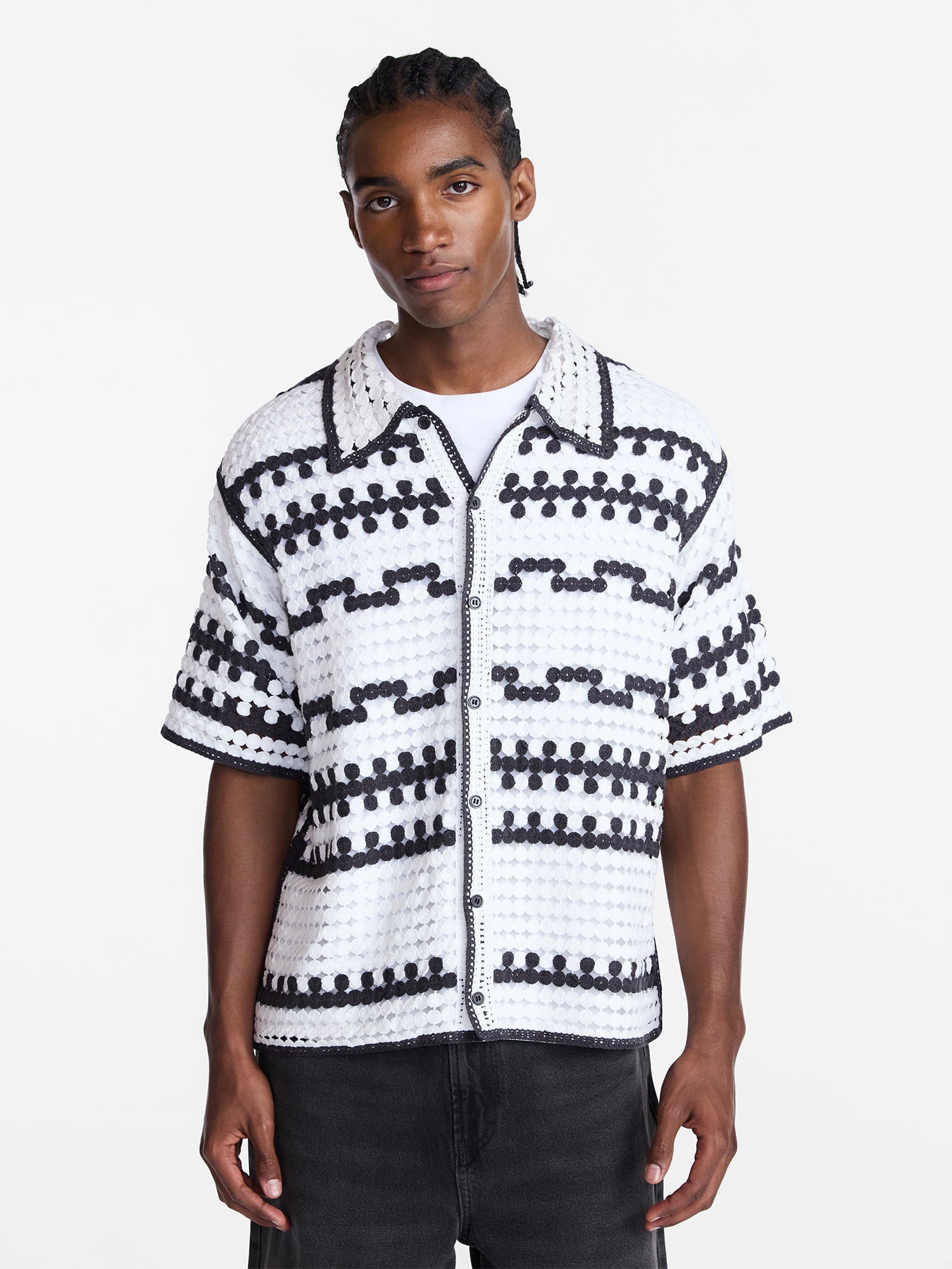 No Boundaries Men's Faux Crochet Boxy Fit Button Up Polo Shirt, Sizes XS-3XL