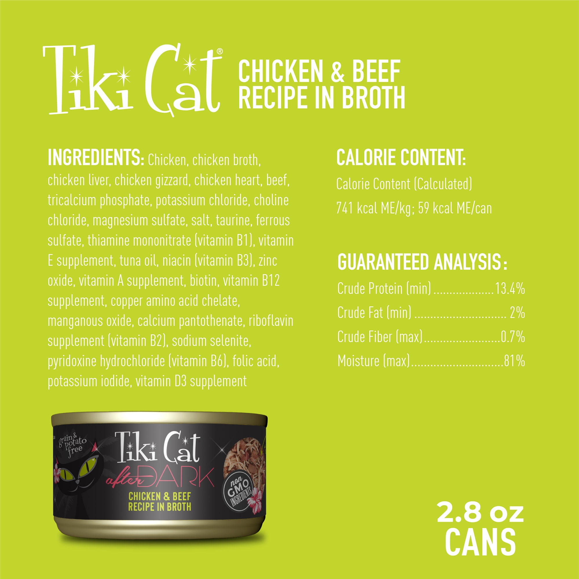(6 pack) Tiki Cat After Dark Whole Foods Wet Cat Food, Chicken & Beef, 2.8 oz. Can