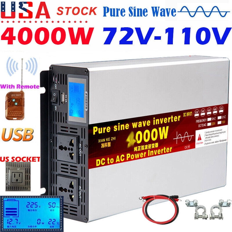 2000W 4000W 72V to 110V 120V Pure Sine Wave Power Inverter + Remote Control USB