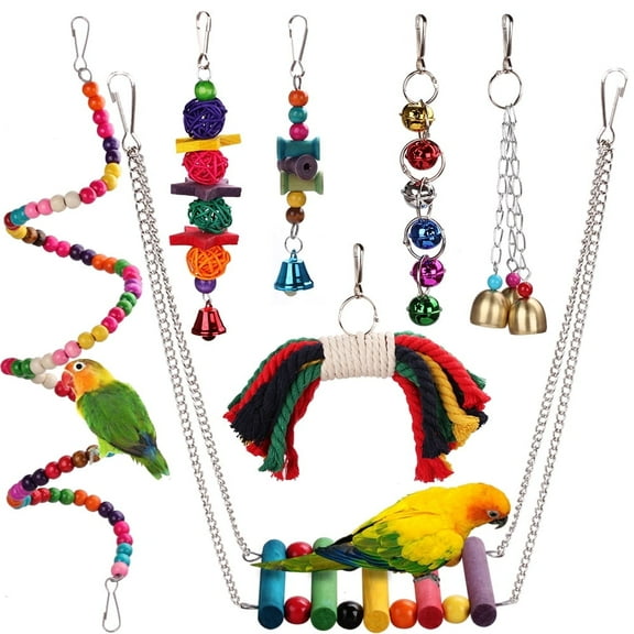 Bird Cage Toys – 7 Colorful Chewing, Swing, and Exercise Toys for small Parakeets, Budgies, Lovebirds, Conures