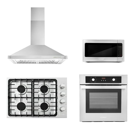 Cosmo 4 Piece Kitchen Package 30  Gas Cooktop 30  Wall Mount Range Hood 24  Single Electric Wall Oven & 24.4  Countertop Microwave