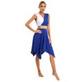 thumbnail image 3 of Kaerm Women Praise Dance Outfit Color Block Asymmetric Overlay Dress with Pants Blue XL, 3 of 7