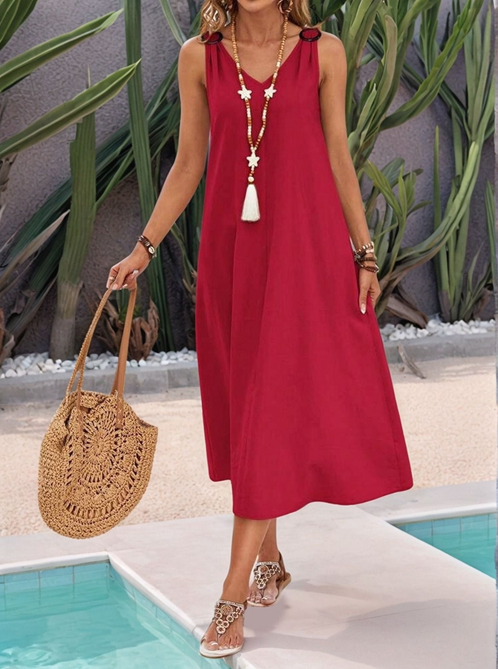 Dresses for Women Spring Summer Sleeveless V Neck Cotton Beach Casual Dress Wine Red XXL