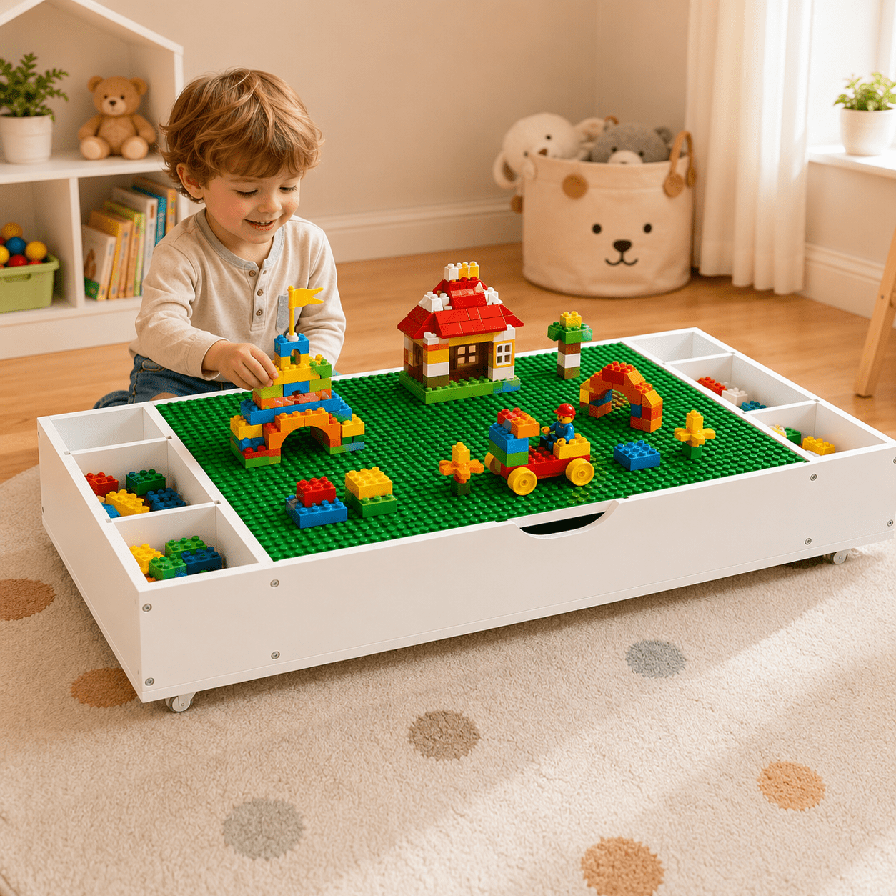 Kids Activity Table 37.99 Inch, 3-in-1 Reversible Toy Organizer with Lego Compatible Top and Whiteboard, Play Table for Children's Room and Nursery, White