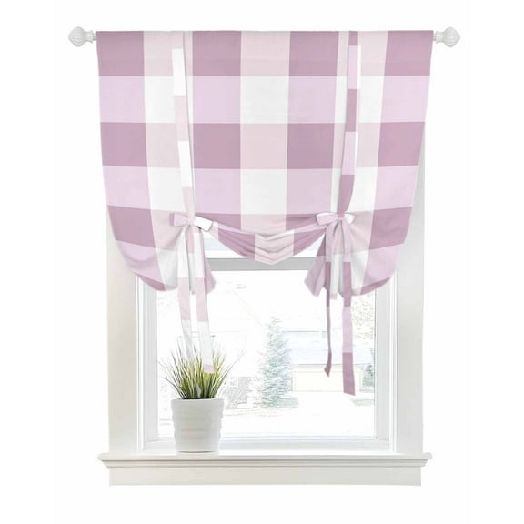 Pink Plaid Tie Up Curtains for Window, Thermal Insulated Balloon Shade Adjustable Rod Pocket Curtains Valance Panels for Kitchen Bathroom Cafe 42 x 54 Spring Summer Farmhouse Buffalo Checkered