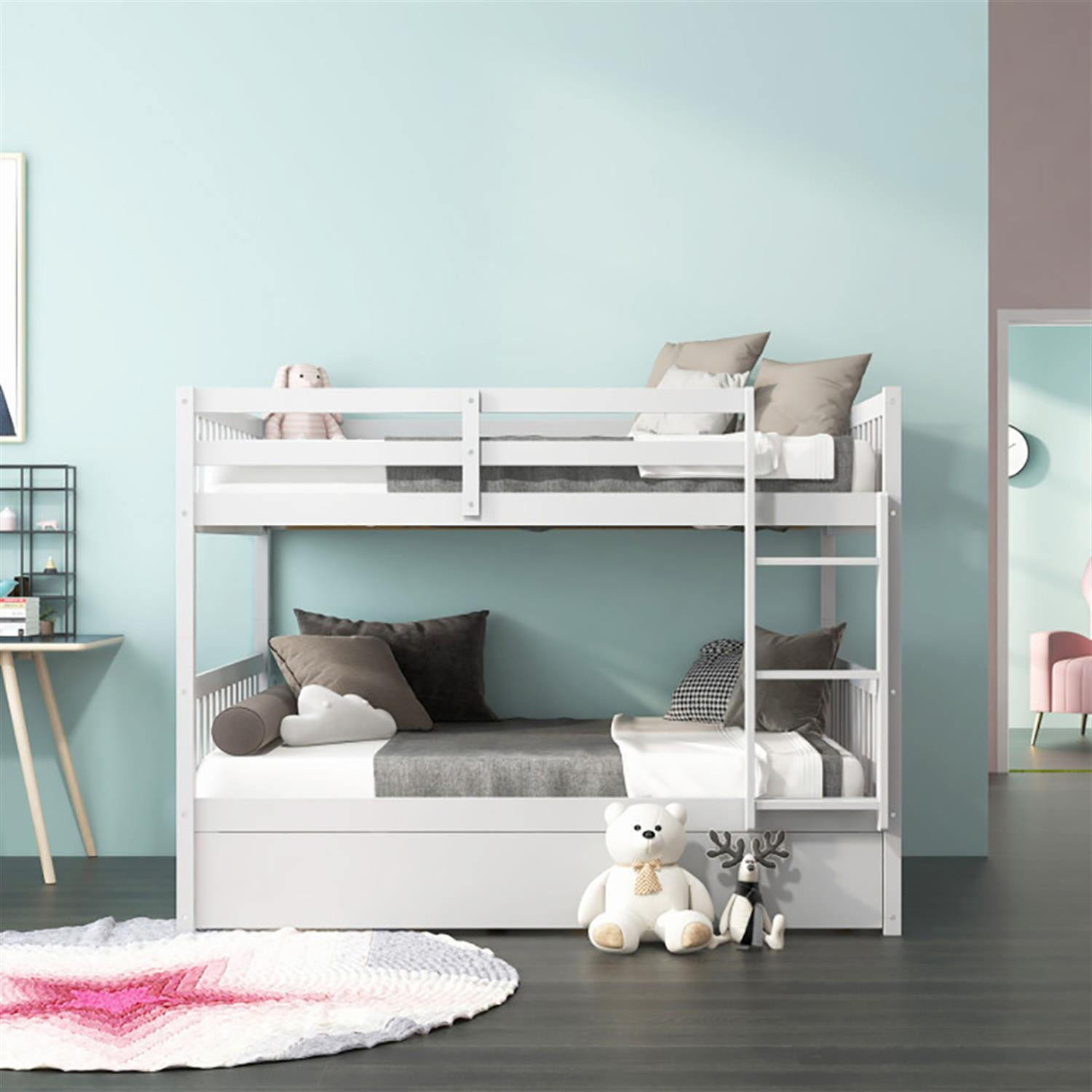 Demi Bonn Bunk Beds Full over Full with Ladder in the Steps and a Full Trundle, Bunk Bed Platform Twin Over Twin, White