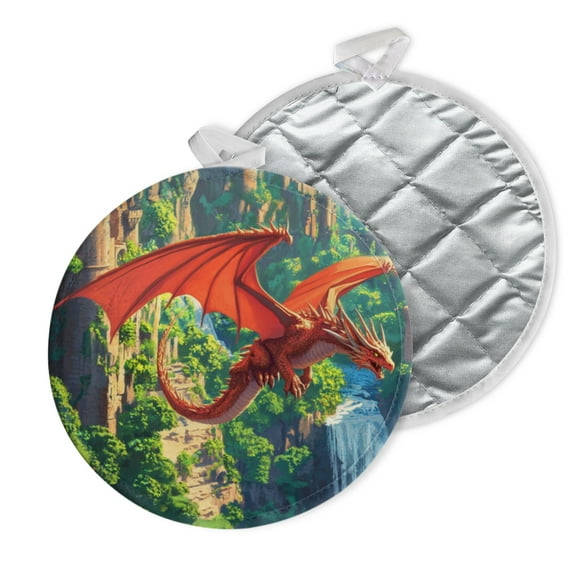 2 PCS Pot Holders for Kitchen,Potholders Sets with Hook for Oven,Cooking,Baking,Majestic Dragon Soaring Above Ancient Castle
