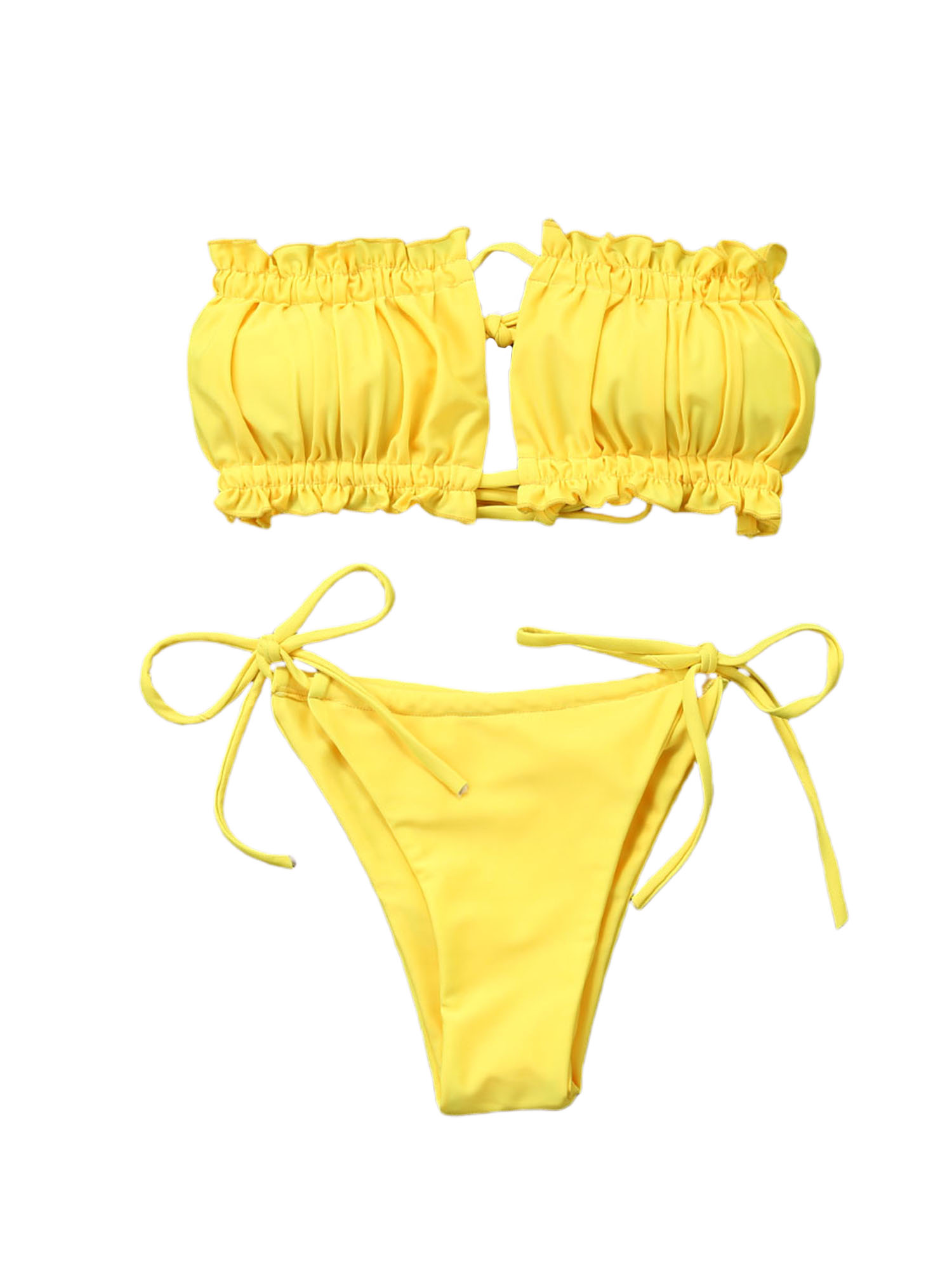 Eyicmarn Womens Girls Strapless Ribbed Tie Back Ruffle Cutout Bandeau Bikini Set Swimsuit - image 2 of 6