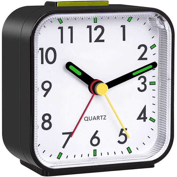 Reloj despertador analógico silencioso, pequeño reloj despertador de viaje que no hace tictac, reloj despertador de sobremesa silencioso con luz nocturna, función de repetición, reloj despertador a