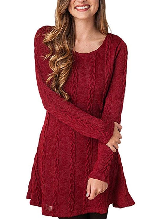 Womens Knitted Crewneck Sweater Dress 