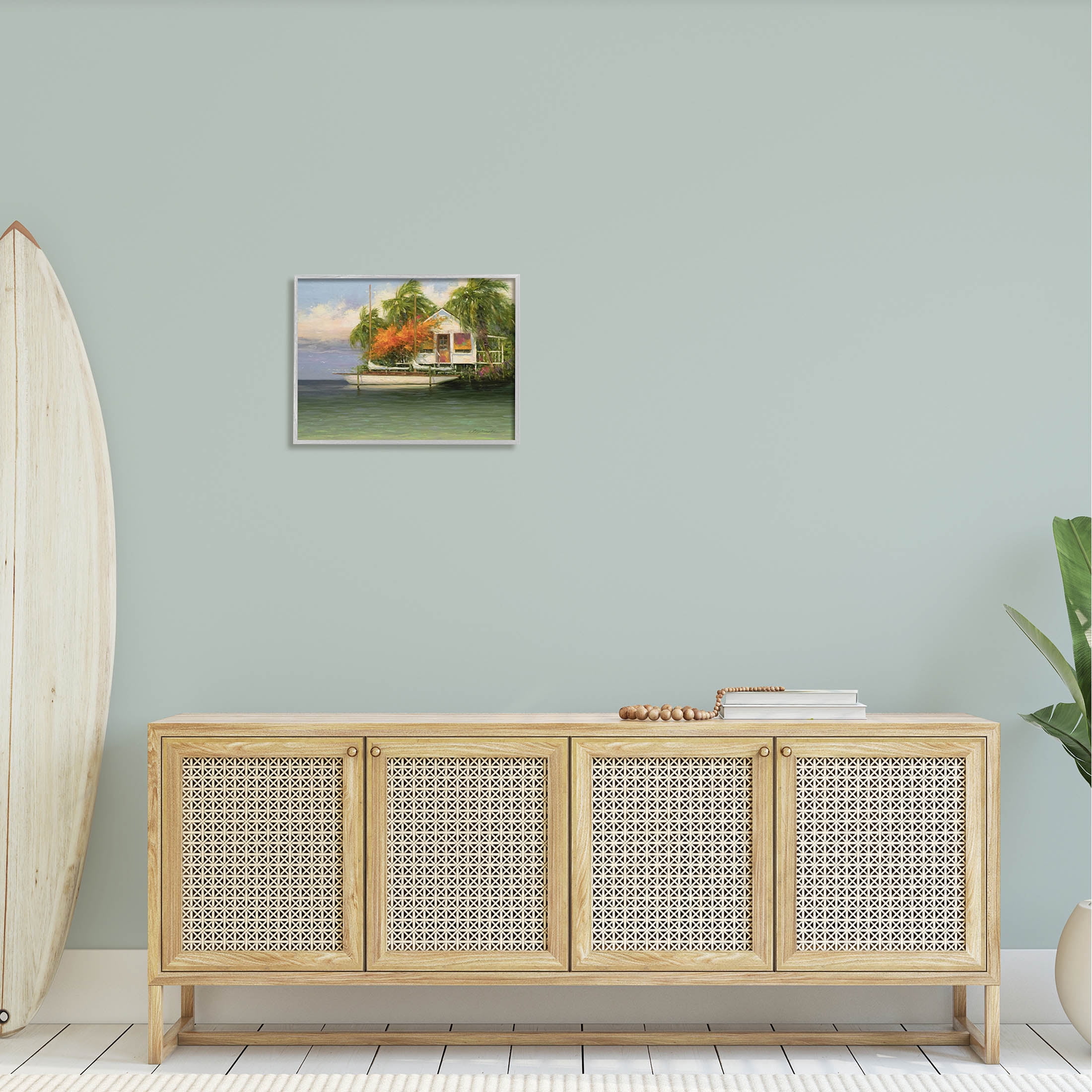 Tropical Seaside House Boat Landscape Painting Gray Framed Art Print Wall Art