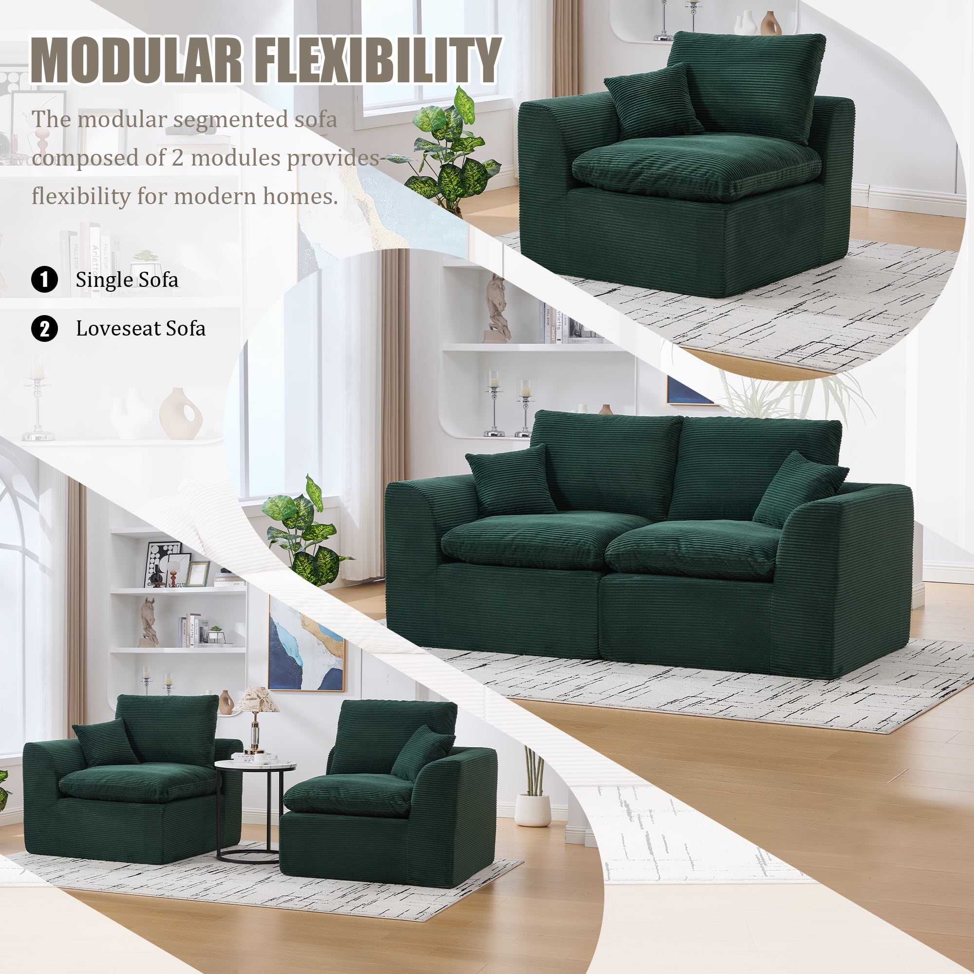 MOONMISS 80.3" Oversized Modular Sofa, Upholstered Corduroy 2 Seat Deep Seat Cloud Couch for Living Room Bedroom, No Assembly Required, Emerald