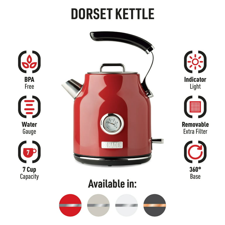 Haden Dorset 1.7 Liter Stainless Steel Electric Tea Kettle, Red - 75000 