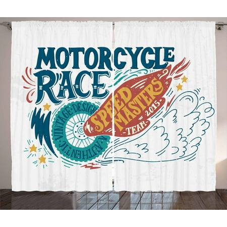Motorcycle Curtains 2 Panels Set, Colorful Composition with a Bike Tire Speed Masters Quote with Grunge Effect, Window Drapes for Living Room Bedroom, 108W X 84L Inches, Multicolor, by