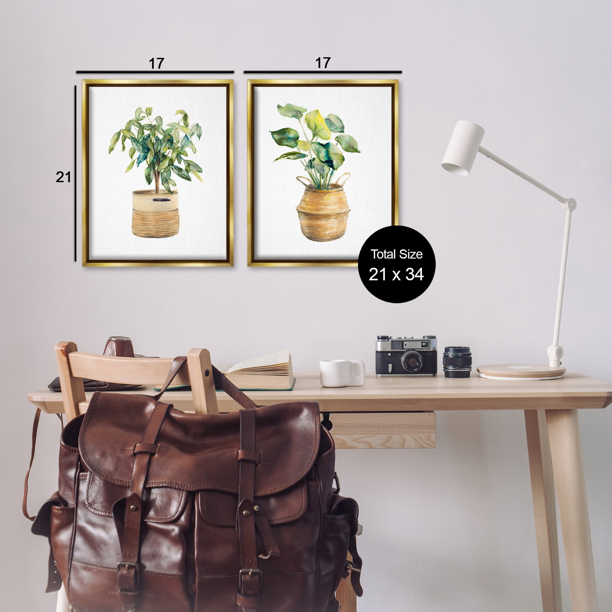 Stupell Industries Lush Houseplants in Wicker Pots Plants & Flowers Painting Gold Floater Framed Canvas Art Print Wall Art, 17 x 21, Set of 2