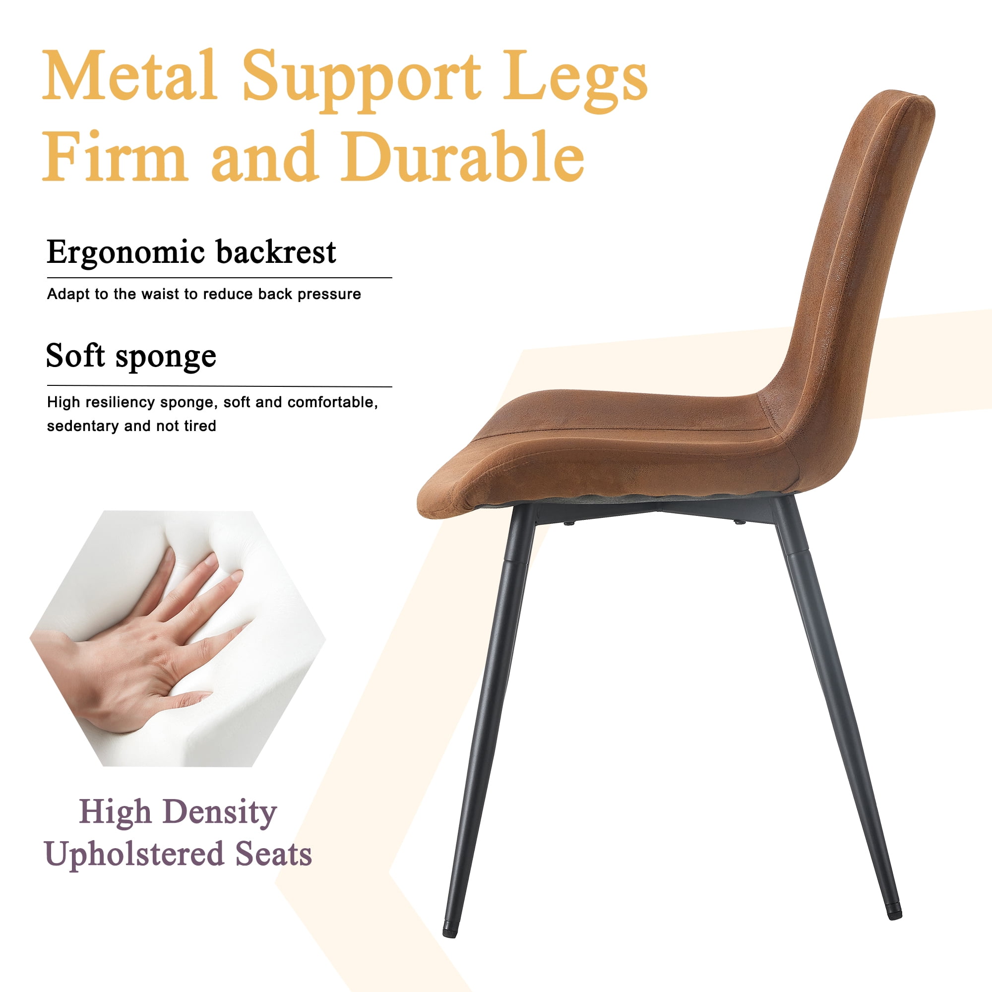 SUDICA Set of 6 Brown Faux Suede Dining Chairs, Upholstered Wide Seat with Black Metal Legs for Dining Room and Kitchen
