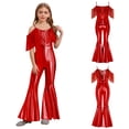 thumbnail image 5 of inhzoy Kids Girls Shiny Metallic Tassels Flared Jumpsuit Bell Bottom Spaghetti Strap Disco Party Outfits Red 8, 5 of 7