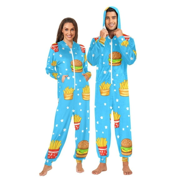Fastfood Pattern Design Adult onesie Pajamas, Crystal Velvet Ultra Soft Warm Jumpsuit for Men and Women