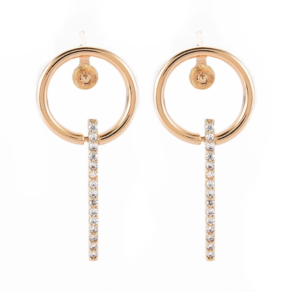 Brass Micro Pave Clear Cubic Zirconia Dangle Stud Earrings Findings for Half Drilled Bead Nickel Free Flat Round Real 18K golden Plated 32x14.5mm Pin: 0.8mm Pin: 0.8mm(for half drilled bead)