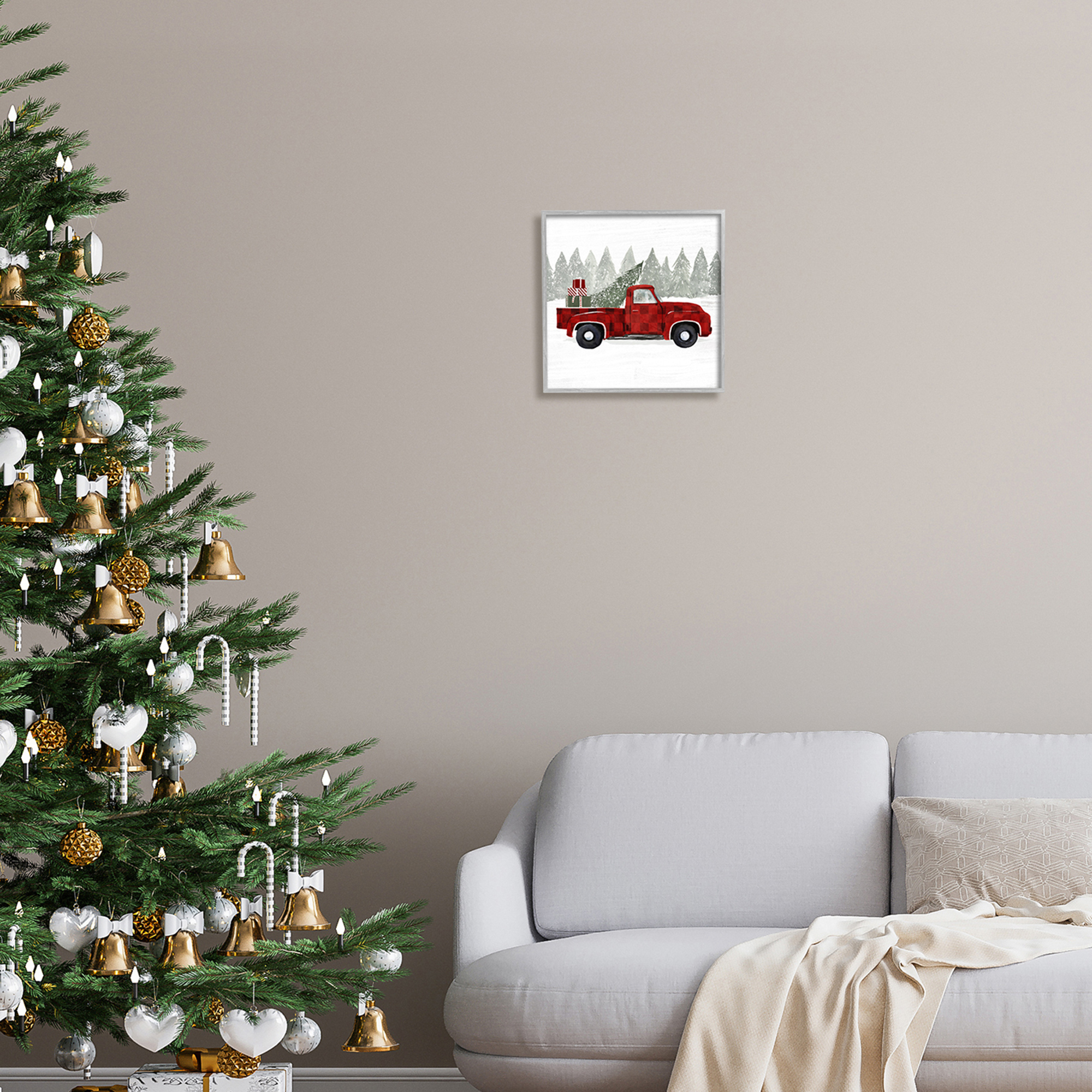 Red Buffalo Plaid Vintage Truck Christmas Tree Snowfield Transportation Painting Framed Art Print Wall Art