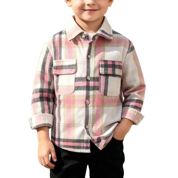 Atogsazn Toddler Baby Boys Plaid Shirts Kids Flannel Shacket Jacket & Button Down Long Sleeve Shirts Coat Tops Pink 4-5 Years Fashion