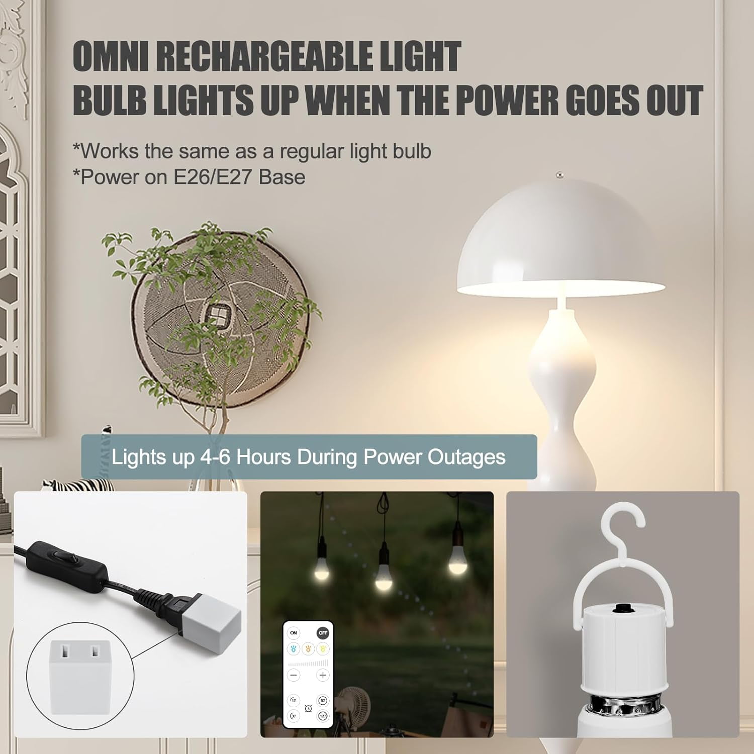 2 Pack Omni Rechargeable Emergency Light Bulbs with Remote, Battery Powered Wireless 3 Color Shift Dimmable A19 Light Bulb 9W 1500mAh Power Outage Blackout LED Bulbs