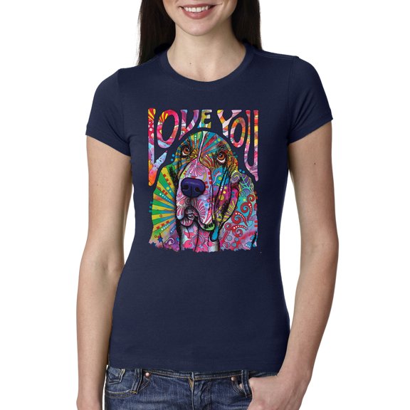 Colorful Beagle | Dogs Love You | Dean Russo Art Animal Lover Womens Slim Fit Junior Tee, Navy, Small