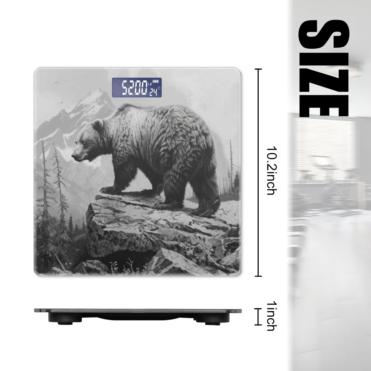 High Precision Body Weight Scale Smart Bathroom Scales with Large LCD Display(400lbs),Decorative for Bedroom-Black And White Painting Of Grizzly Bear