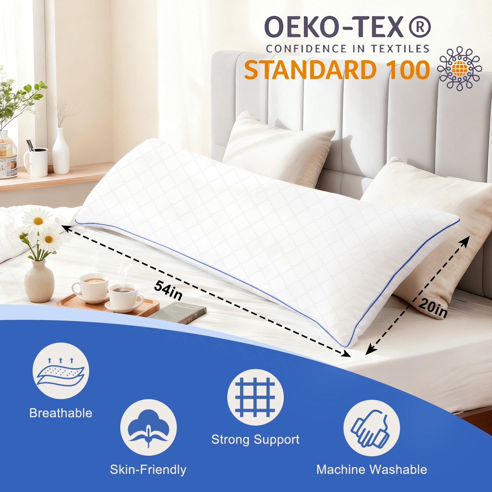 Nalqet 20x54 Long Body Pillow for Adults - Firm Body Pillow Insert with Shredded White Memory Foam, Soft Support for Side Sleeping, Pregnant Women, Washable White