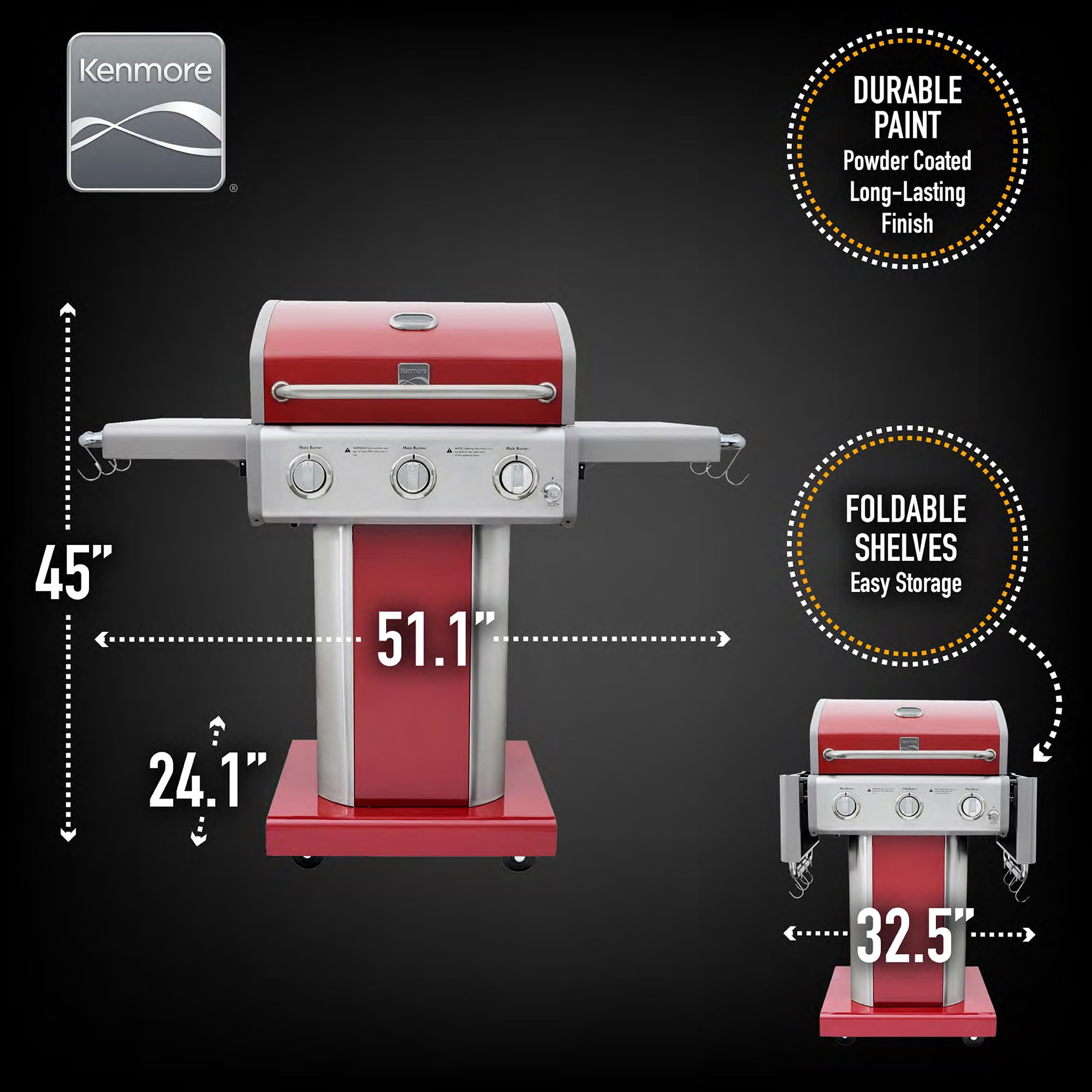 Kenmore 3-Burner Gas Grill, Outdoor BBQ Grill, Propane Grill with Foldable Side Tables, Red