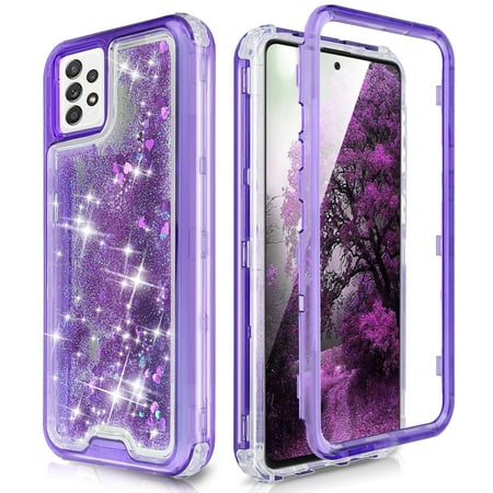 TJS for Samsung Galaxy A52 5G/A52 4G/A52s Case, Transparent Liquid Glitter Snap on Moving Quicksand Bumper Phone Cover (Purple)