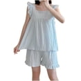 thumbnail image 3 of Blmnix Women's Pajama Sets 2 Piece Cute Pajamas Sleepwear Sets Pjs Sleeveless Blue Square Neckline Straight-Leg Short 100% Cotton Pajamas for Women,L, 3 of 4