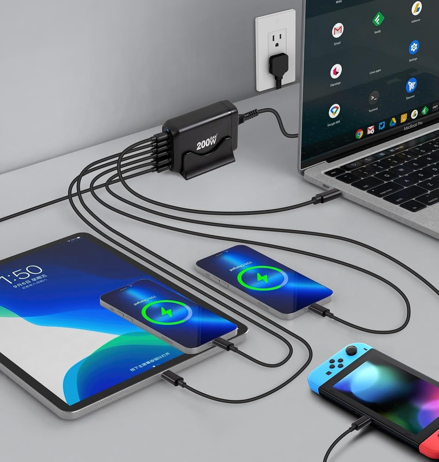 200W GaN USB C Charger, 6-Port USB Fast Charging Station, GaN III PD QC Desktop Charger Block for Multiple Devices, Compatible with MacBook, DELL, iPad Tablet