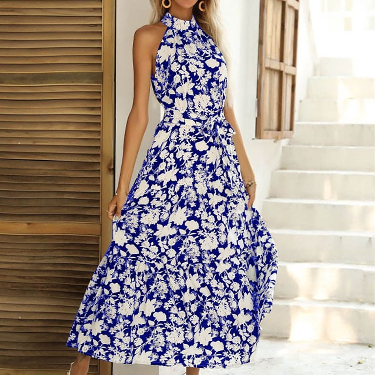 APEXFWDT Women's Summer Maxi Dress Halter Neck Sleeveless Floral Print Long  Dresses Casual High Waist Flowy Boho Dress - Walmart.com