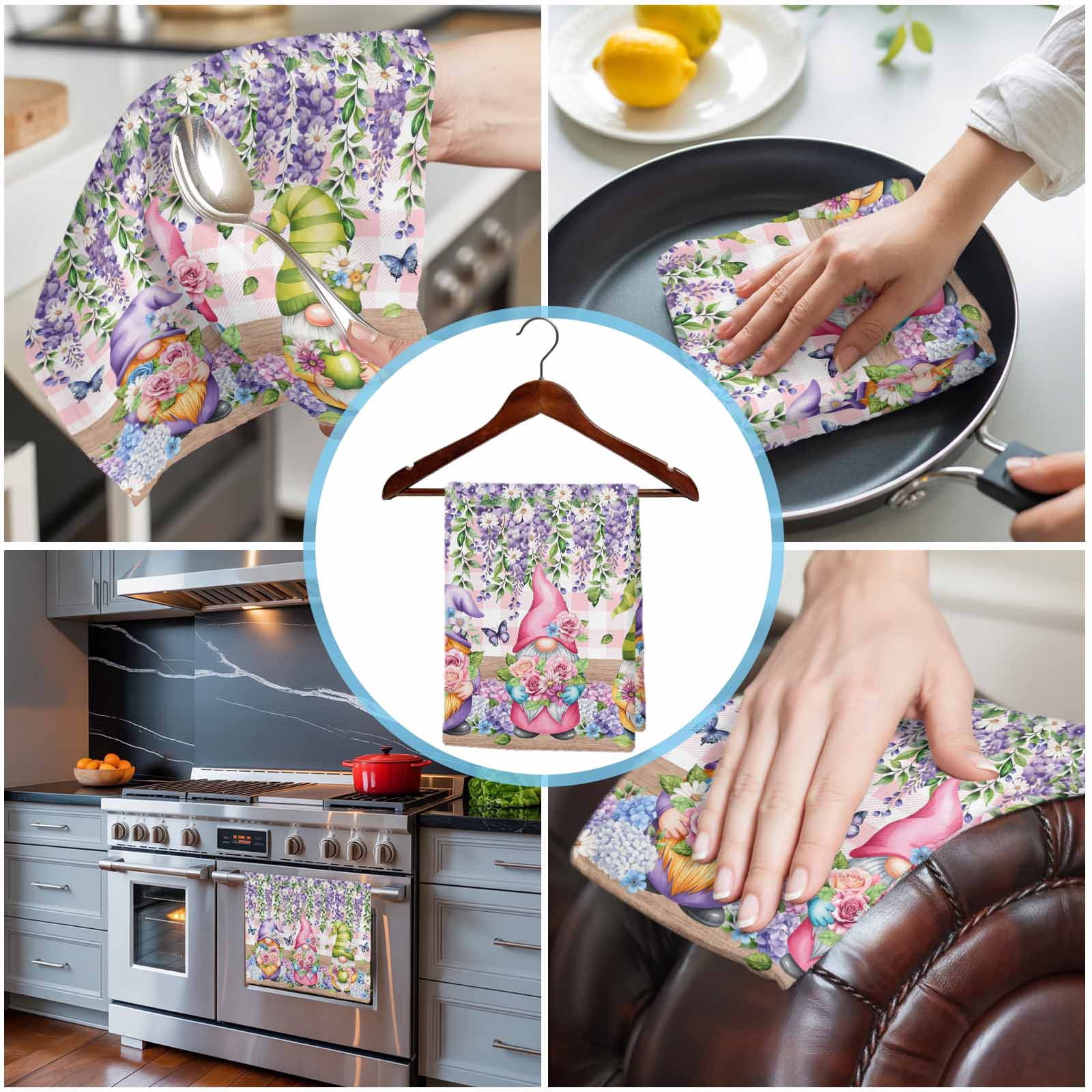 Blue Purple Gnomes Kitchen Towels Set of 3, Water Absorbent Dish Towel, Spring Hydrangea Flower Leaf Pink Plaid Decorative Hand Towels - Quick Drying Cloth for Cooking Baking, 18x28 Inch