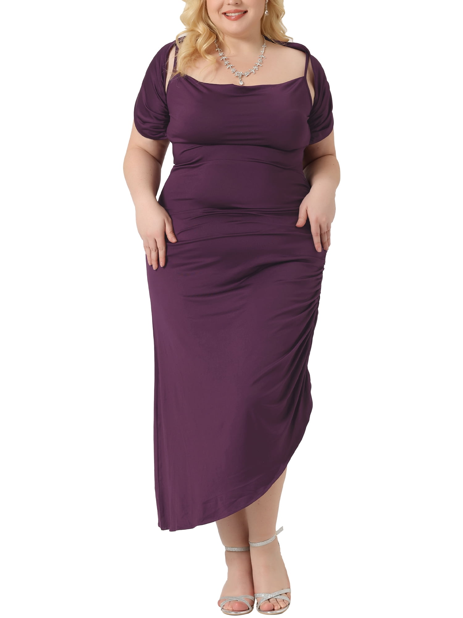 Unique Bargains Women Plus Size Bodycon Spaghetti Strap Ruched Cami Dresses with Shawl 3X Purple