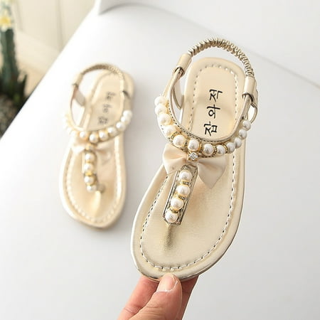 

Toddler Shoes Clearance Summer Toddler Infant Kids Baby Girls Shoes Bowknot Pearl Princess Thong Sandals Shoes Gold 3.5-4Years