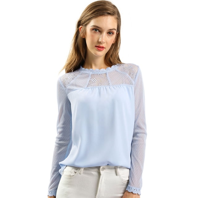 AllegK CamiDe GaCon Cuello Redondo Y BluCampesiDe ManLarCon Panel Floral De Encaje PaMujer Azul claro XL