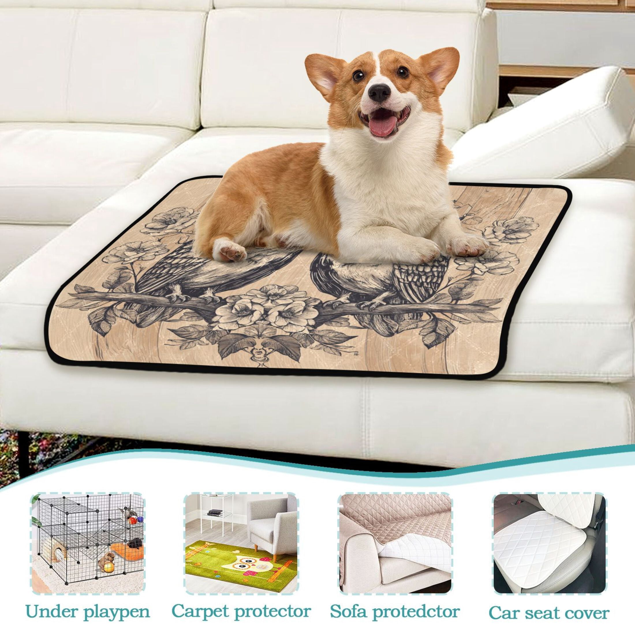 Qxltty Two Owls Sitting on Opposite Branches Cat litter Pads Pet Set of 3 Diaper Mats Center Anti-leakage Layer Absorbent Soft and Comfortable