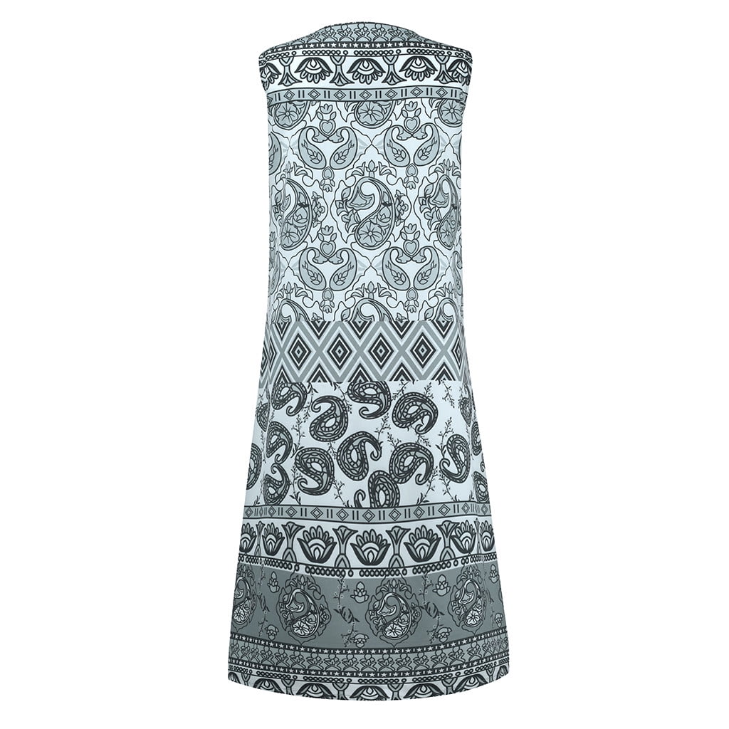 Women Summer Dress Vintage Loose V-neck Print Sleeveless Tank Midi Dress