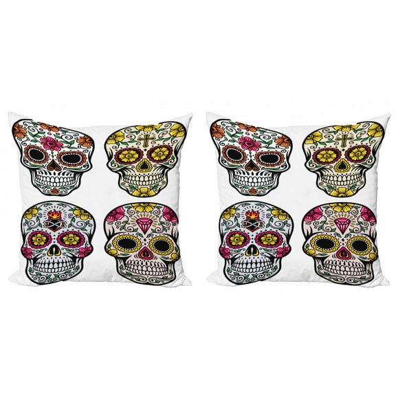 Ambesonne Colorful Throw Pillow Cover 2 Pack, Skull Celebration, 24", Yellow White Black