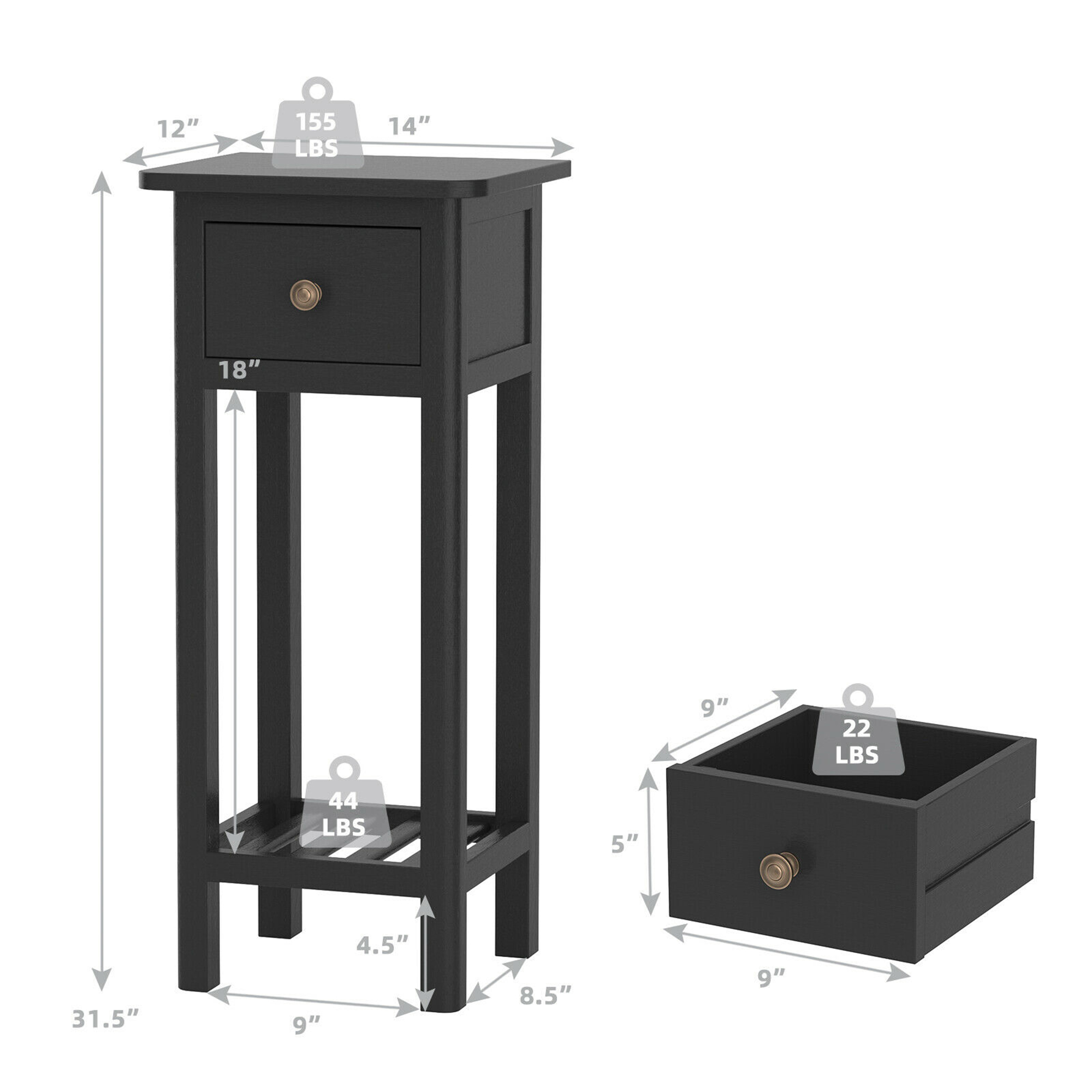 Gymax Acacia Wood Side Table with Drawer (Set of 2), Black