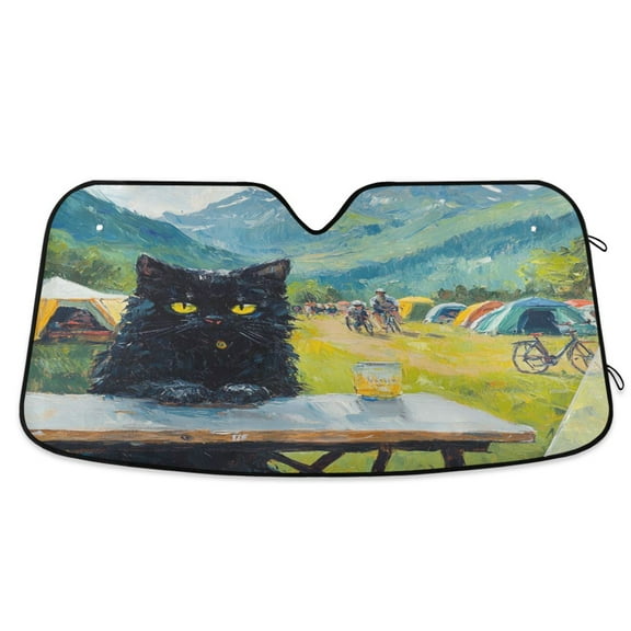 Qxltty Picnic Black Cat Car Windshield Sunshades Foldable UV Rays Sun Visor Protector Keep Your Vehicle Cool 53×23.5in