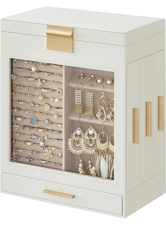 Nordic Hygge 5-Layer Jewelry Organizer with 3 Side Drawers with Big Mirror, Cloud White and Metallic Gold