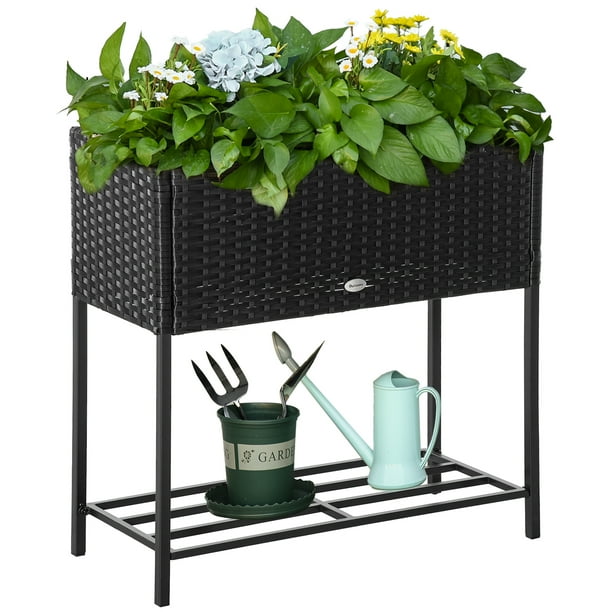Outsunny Elevated Metal Raised Garden Bed with Rattan Wicker Look
